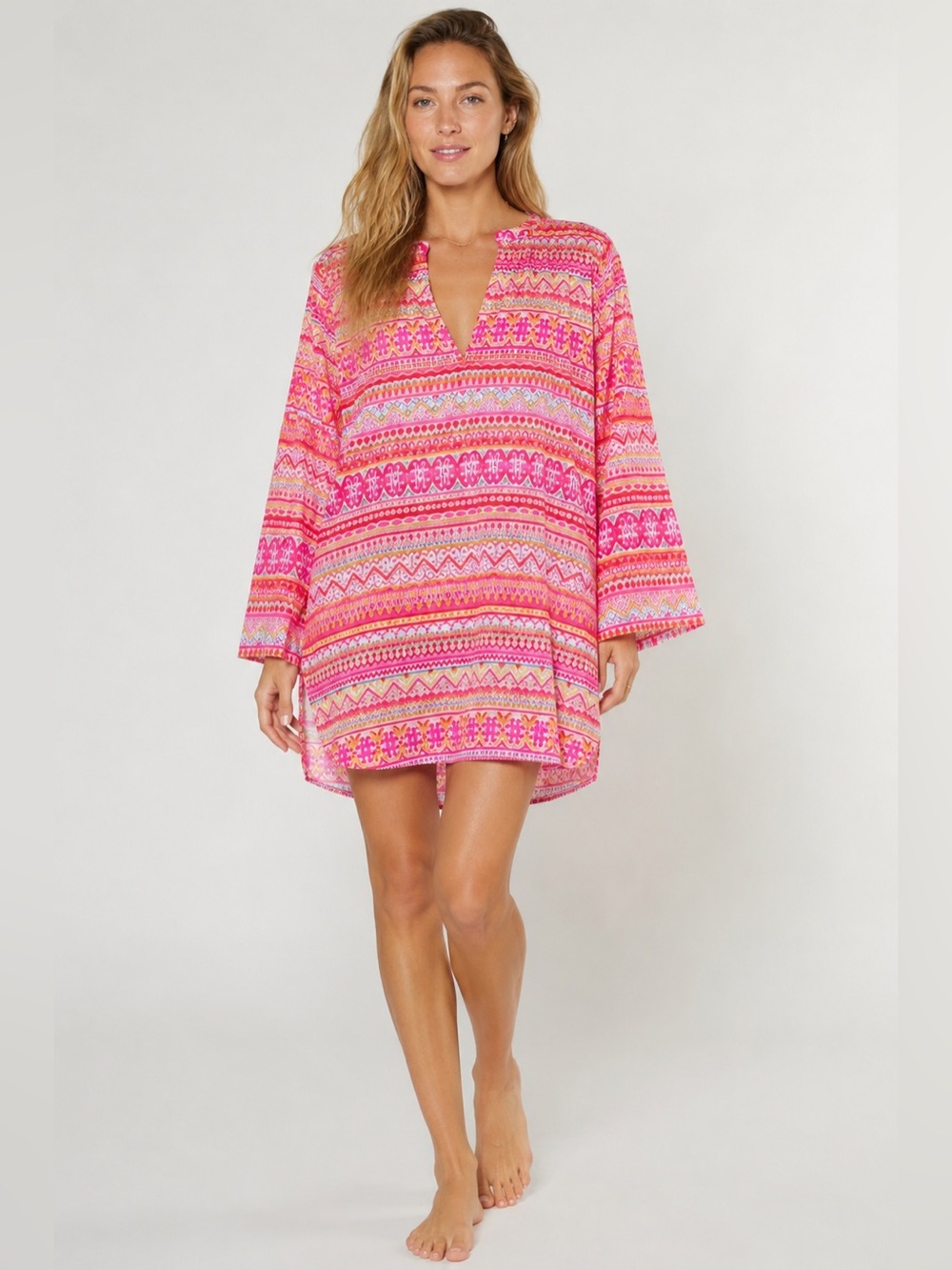 Calypso St. Barth Pink Orange Cotton Kaftan Beach Cover Up Tunic Small Resort